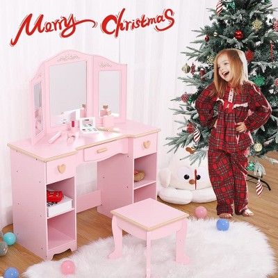 Kids Vanity Set with Mirror & Drawers - Girls Pretend Play Makeup Table with Wooden Toys, Stool & Storage | CPSIA Certified for Ages 3-9