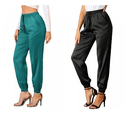 Allegra K Women's Drawstring Elastic Waist Ankle Length Satin Joggers with Pocket 2 Pcs