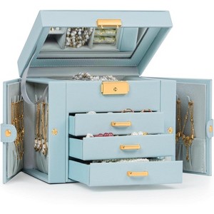Leather Jewelry Box with Mirror & Lock, 3-Tier Organizer with 2 Drawers for Necklaces & Bracelets - 1 of 4