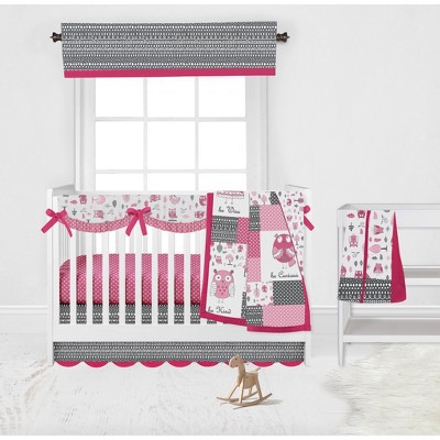 Bacati - Owls in the Woods Pink Fuschia Gray 6 pc Crib Bedding Set with Long Rail Guard Cover