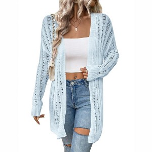 Womens Cardigan Above Knee Crochet Sweater Open Front Ribbed Long Sleeve Lightweight Sweater Longline Cardigan Cozy Fall Sweater Coats - 1 of 4