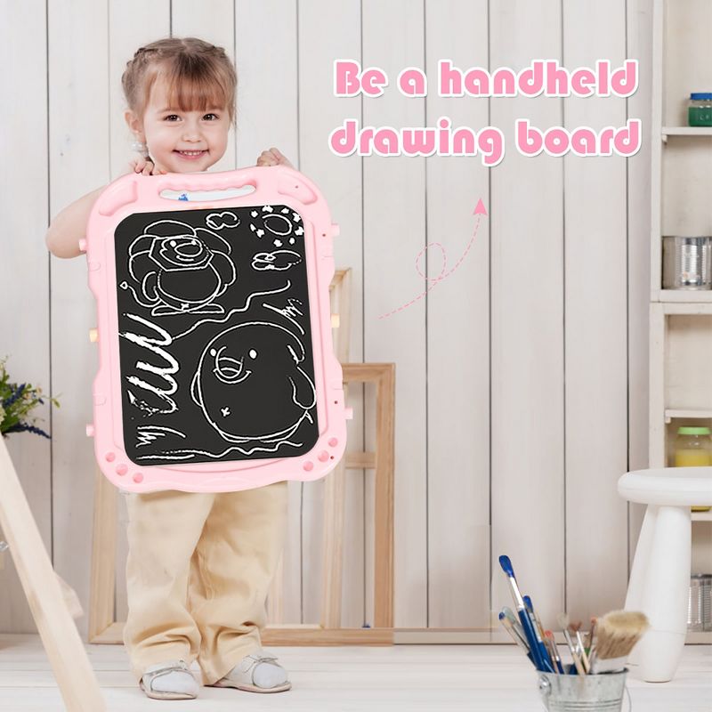 Costway Height Adjustable Kids Art Easel Magnetic Double Sided Board w/ Accessories Pink\Blue, 5 of 11