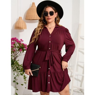 Women's Plus Size Long Sleeve Dress V Neck Button Front Belted Shirt Dress A Line Ruffle Midi Dress