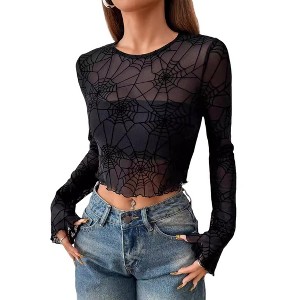 Women's Sheer Web Pattern Long Sleeve Top, Ruffled Edge Cropped T-Shirt for Halloween & Casual Wear - 1 of 4