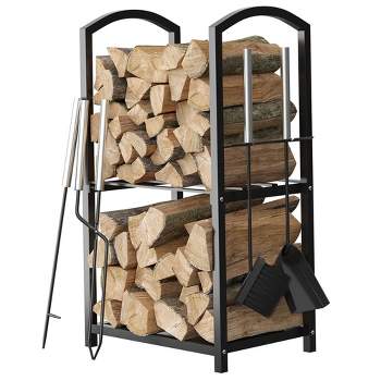 Firewood Rack with 4-Piece Tool Set - 17x12x29" Log Holder Waterproof, Rust-Proof Steel Pipe Log Holder with Black Powder Coat Finish - Homeitusa