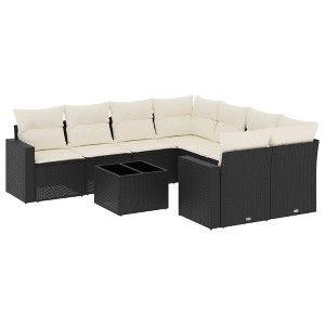 vidaXL Patio Sofa Set with Cushions Outdoor Furniture 9 Piece Poly Rattan - Black and Cream - 1 of 4