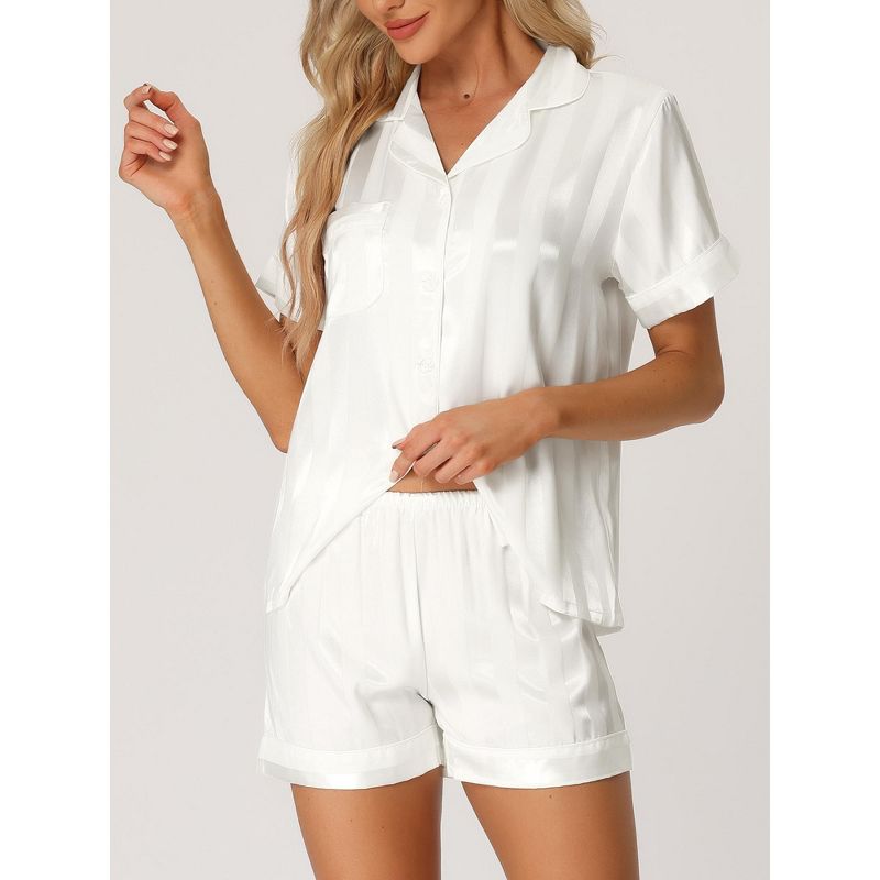 cheibear Women's Satin Button Down Short Sleeve and Shorts Pajama Set, 2 of 6