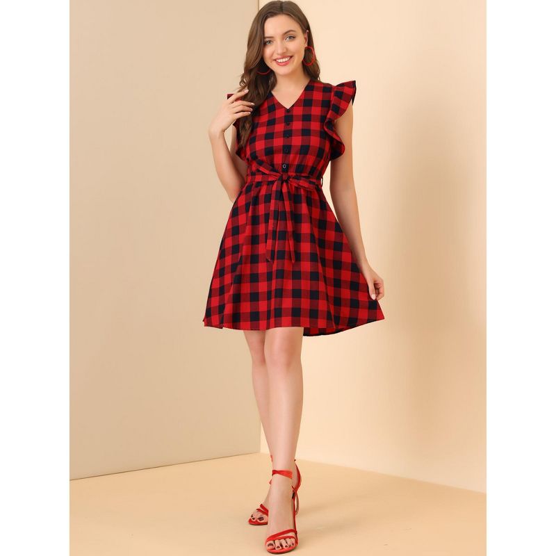 Allegra K Women's Casual Ruffled Sleeve A-Line Vintage Gingham Check Dress, 3 of 7