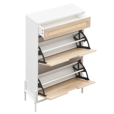 Natural Rattan Shoe Cabinet, 2 Flip Door Shoe Rack with a Drawer, Modern Freestanding Shoe Organizer with 3 Position Adjusted and Removable Shelf
