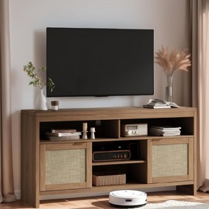 Jojoka 58" Boho TV Stand for TV up to 65 Inch,Modern Rattan Entertainment Center with Storage and Doors,Brown - 1 of 4