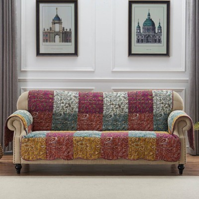Mid-Century Modern Reversible Paisley Sofa Protector in Purple