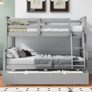 Okak Twin over Full Wood Bunk Bed with Twin Size Trundle Loft Bunk Bed with Stairway & Safety Guardrail for Kids Teens, Easy Assemble, Gray - 1 of 4