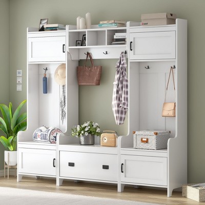 NicBex Hall Tree with Bench Entryway Hall Tree with 7 Hooks, Top 2 Open Shelves and 2 Storage Cabinet, Under 2 Storage Cabinet, and a Drawer, White