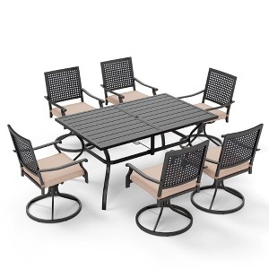 Captiva Designs 7pc Outdoor Patio Dining Slat-top Rectangle Steel Table & Swivel Metal Chairs with Cushions - 1 of 4