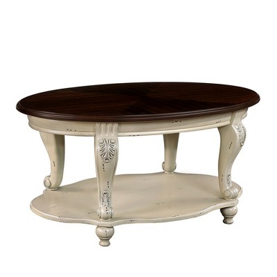 42" Oval Coffee Table, 2-Tier Solid Wood End Table, Cocktail Table with Open Storage Shelf, Modern Coffee Table with Craft Carving for Living Room
