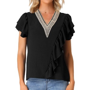 Allegra K Women's Ruffle Short Sleeve V Neck Casual Blouse - 1 of 4