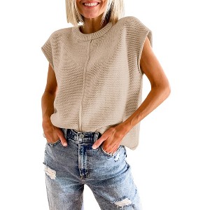 Womens Cap Sleeve Sweater Vest Crew Neck Knit Sleeveless Tank Tops Casual Lightweight Pullover Sweaters - 1 of 4