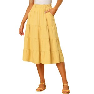 Allegra K Women's Midi Solid Elastic Waist Flare Tiered A-Line Skirt with Pockets - 1 of 4