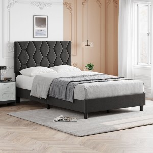 Nasitip Twin Bed Frame with Upholstered Headboard, Heavy-Duty Platform Bed Frame with Adjustable Headboard, Strong Wood Slat Support,Light Gray - 1 of 4
