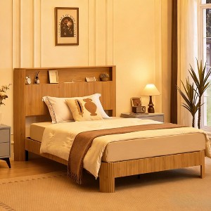 GDFStudio Damien Rustic Wooden Bed with Storage Headboard and Built-In Charging Station - 1 of 4