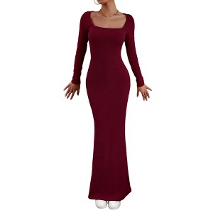 BLUEMING Women's Square Neck Long Sleeve Knit Maxi Dress Knit Bodycon Long Dress - 1 of 4