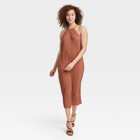 Women's Knit Plisse Midi Shift Dress - A New Day™ Brown M