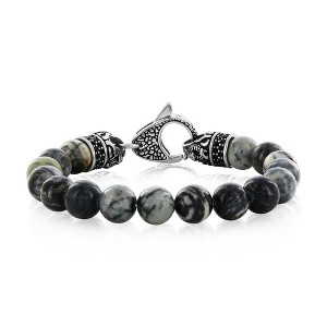 Metallo Stainless Steel Genuine 10mm Bead Bracelet, w/Black CZ - Gray Jasper - Grey - 8.5 Inch - 1 of 3