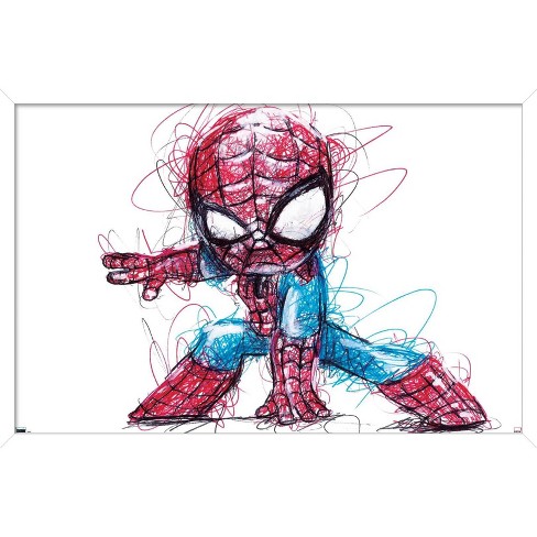 Trends International Marvel Comics - Spider-man - Sketch Framed Wall Poster  Prints White Framed Version 