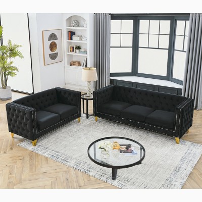 Velvet Chesterfield Sofa Set,3-Seater and 2-Seater Tufted Loveseat Set with Metal Legs & Nailhead Trim for Living Room--Baofuwish