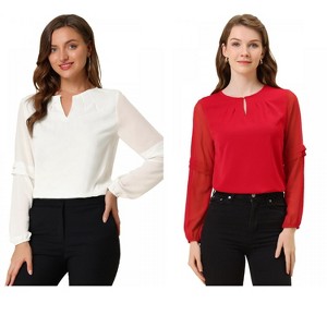 Allegra K Women's Chiffon Semi Sheer Keyhole Neck Elegant Work Blouse 2 Packs - 1 of 4