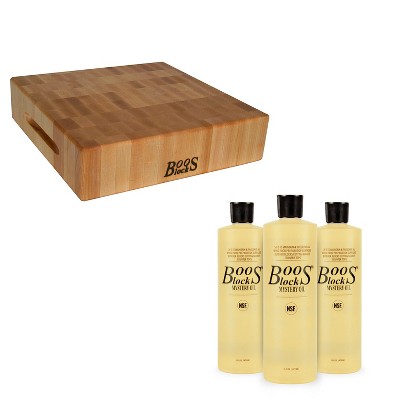 John Boos Classic 12 x 12 Inch Square Maple Hardwood Chopping Block with Boos Mystery Maintenance Oil 3 Pack