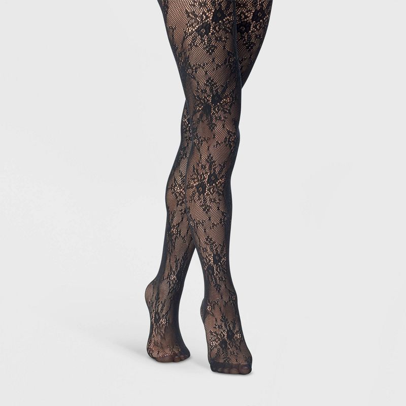 Women's Floral Net Tights - A New Day™ Black, 1 of 3