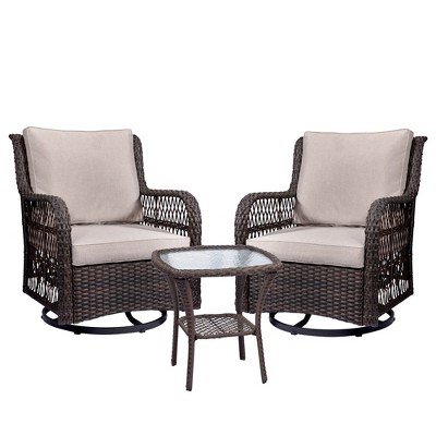 Whizmax 3 Pieces Outdoor Wicker Swivel Rocker Patio Set with Premium Cushions and Armored Glass Top Side Table for Backyard