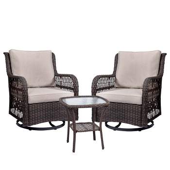 Whizmax 3 Pieces Outdoor Wicker Swivel Rocker Patio Set with Premium Cushions and Armored Glass Top Side Table for Backyard