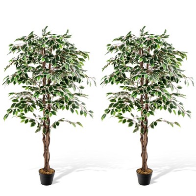 Tangkula Artificial Ficus Tree Tall Faux Indoor Plant w/ 1008 Leaves Natural Wood Trunk