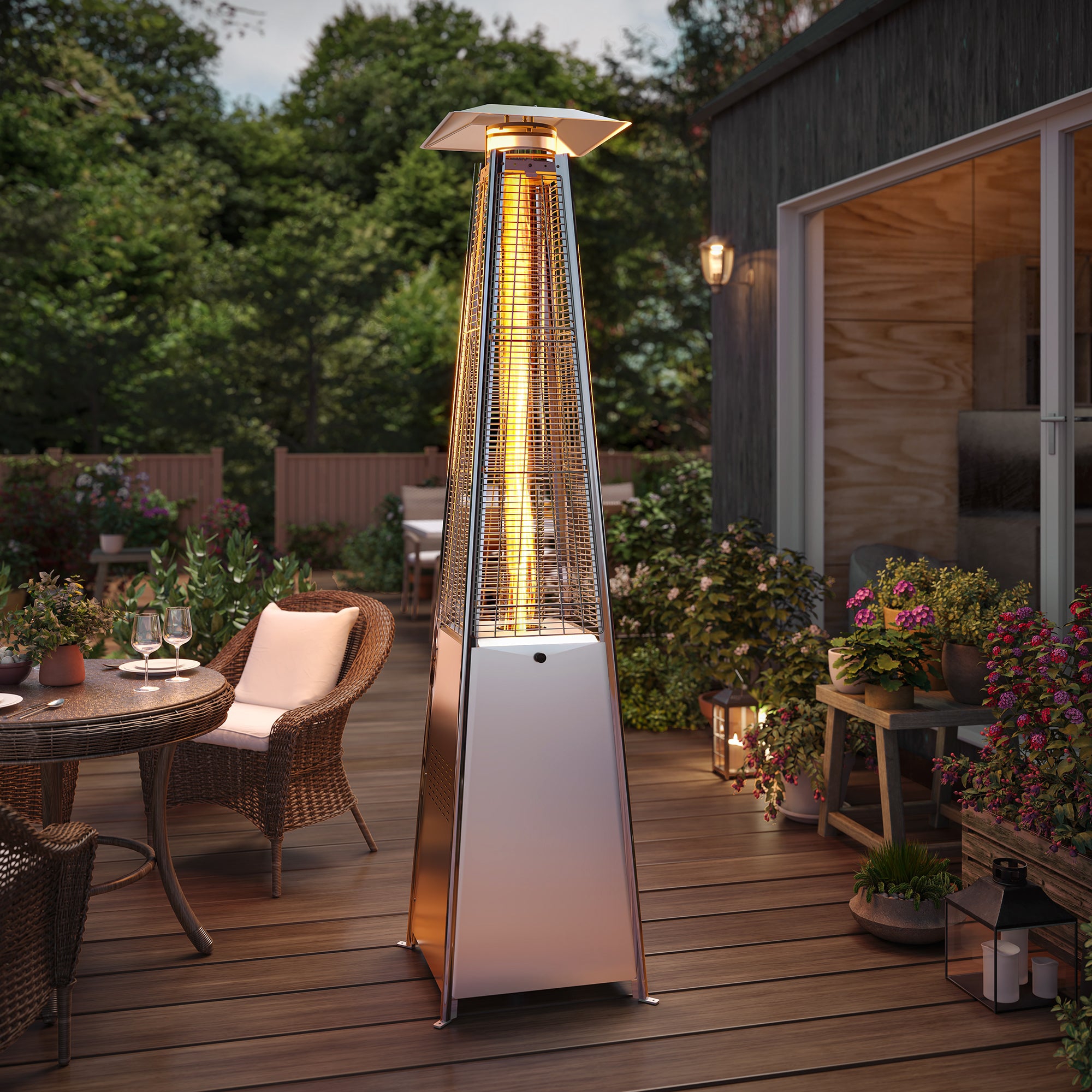 LAUSAINT HOME 48000 BTU Pyramid Patio Heater All Stainless Steel with Quartz Glass Tube Tip Over Protection Cover and Wheels