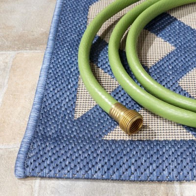 Beige and Blue Geometric Synthetic Indoor/Outdoor Area Rug