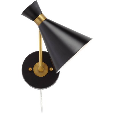Venice Matte Black and Antique Brass Adjustable Cone Wall Lamp