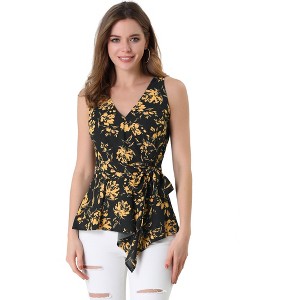 Allegra K Women's Sleeveless V Neck Tie Waist Asymmetric Hem Wrap Peplump Tops - 1 of 4