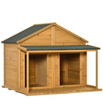 PawHut Wooden Dog House Outdoor Duplex for 2 Medium or Small Dogs, Outdoor Double Dog House with Porch, 50" x 43" x 43"