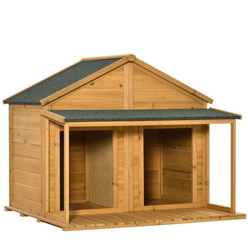 PawHut Wooden Dog House Outdoor Duplex for 2 Medium or Small Dogs, Outdoor Double Dog House with Porch, 50" x 43" x 43", 1 of 8