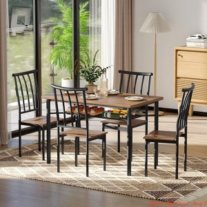Dining Room/Kitchen Table Chairs Set of 5 - Metal and Wood Indoor Modern Rectangular Dining Table Furniture Set with Wine Rack - 1 of 4