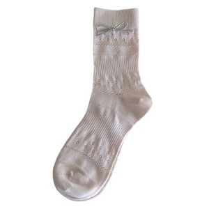 Anna-Kaci 2 Pairs Women's Eyelet Knit Socks with Faux Leather Bow Detail and Mid-Calf Fit - 1 of 1