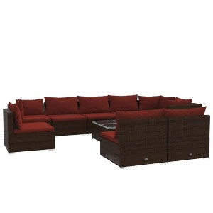 vidaXL 10 Piece Patio Lounge Set – Durable and Lightweight Poly Rattan Outdoor Furniture with Cushions – Brown & Cinnamon Red - 1 of 4