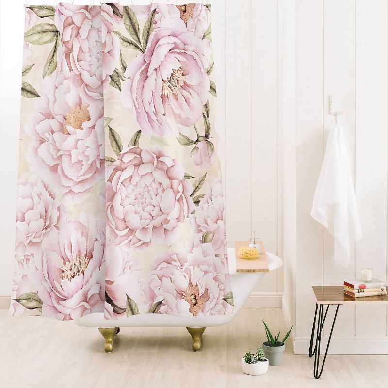 UtArt Pastel Blush Pink Spring Watercolor Peony Flowers Pattern Shower Curtain Gold - Deny Designs, 1 of 6