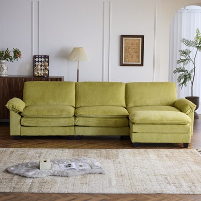 Karl Home |120 in. W Pillow Top Arm Double-layer Cushion Corduroy Sofa in Green With Ottoman