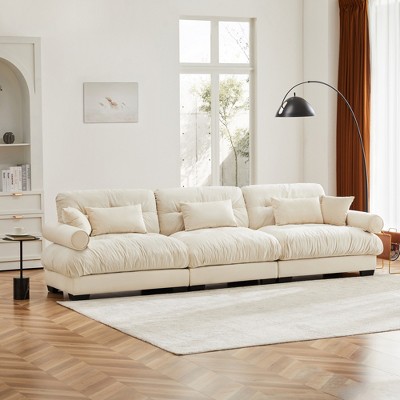 Aukfa Cream Velvet Large Sofa with Bolster Armrests, Waist & Throw Pillows – Modern Couch for Living Room, Bedroom or Office