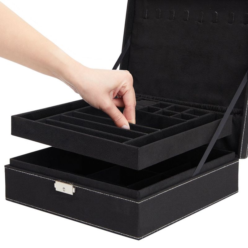 Juvale Velvet Jewelry Box Organizer - Lockable 2 Layer Travel Case, Earrings Storage with Removable Tray for Women, Men (Black), 5 of 9