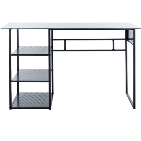 Glass desk deals shelf