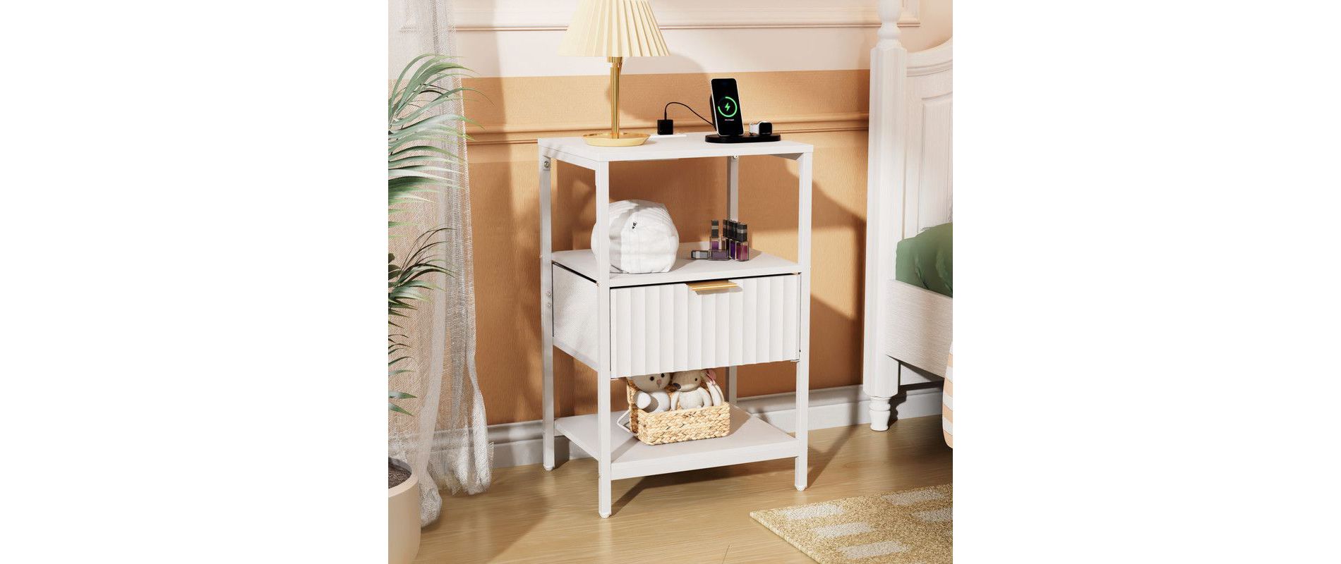 Karl Home 15 Inches Wide Nightstand - 1 Drawer, 2 Shelves, US Power Outlet